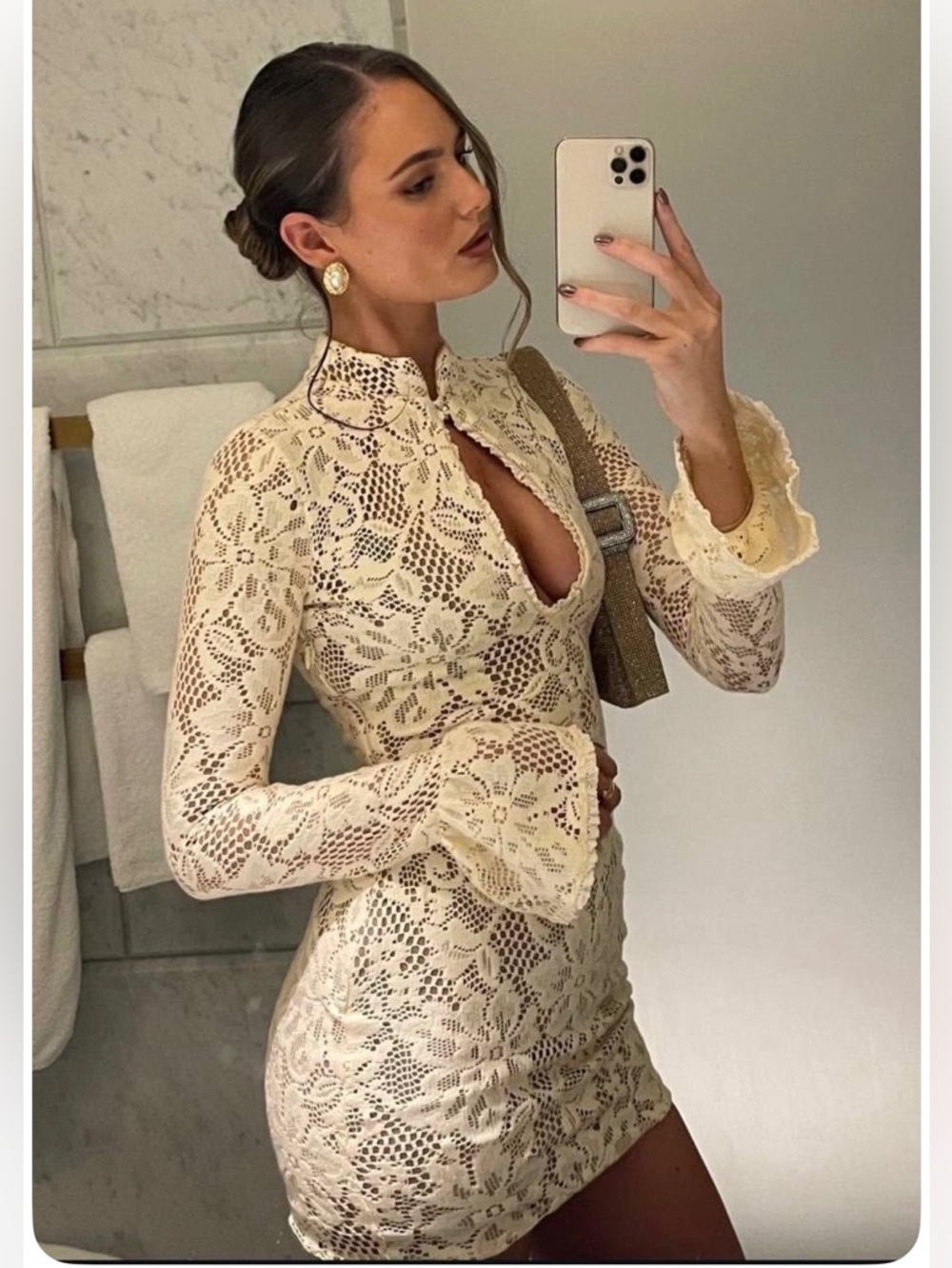 House of CB Cream Lace Long Sleeve Mini Dress